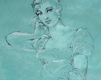 Emma  - Fine Art Print from my Original Drawing. Woman Portrait. Aquamarine Blue