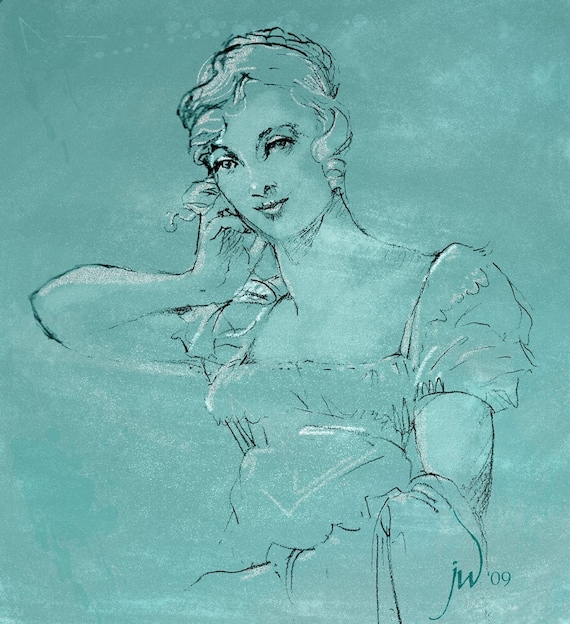 Emma - Fine Art Print from my Original Drawing. Woman Portrait. Aquamarine Blue