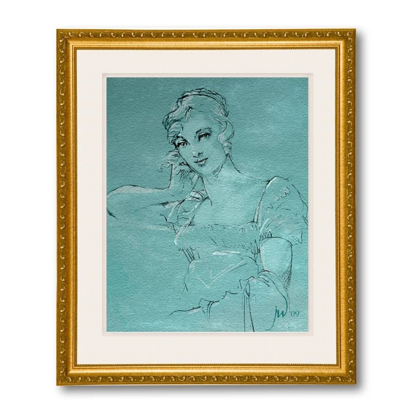 Emma - Fine Art Print from my Original Drawing. Woman Portrait. Aquamarine Blue