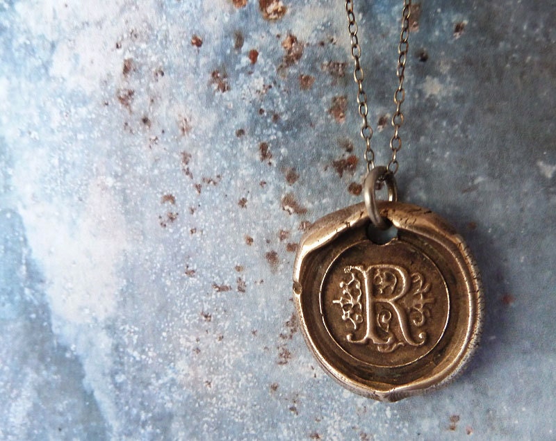 Wax Seal Monogram Initial Letter Necklace. Sterling Silver Chain. Personalized Inscribed Bronze Jewelry