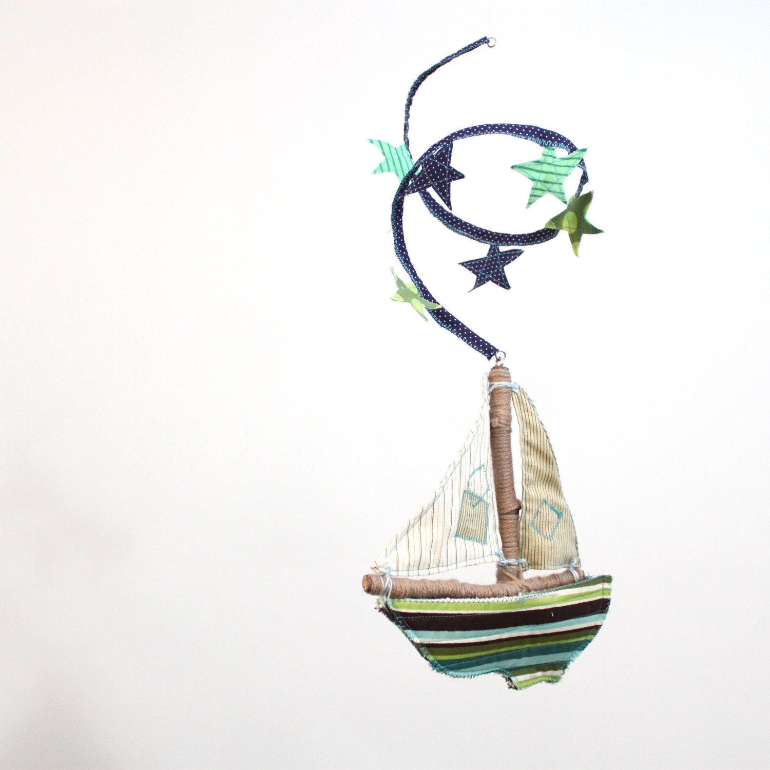 Little Boat Mobile for Nursery Decoration - handmade in navy blue, off white, brown, green and beige
