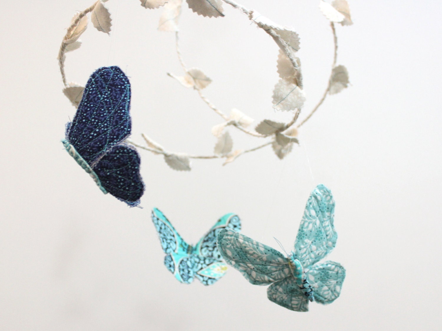 Fabric Butterflies Mobile - Handmade Baby Nursery Decoration in tiffany blue, midnight blue, aquamarine, snow white, and cream fabric