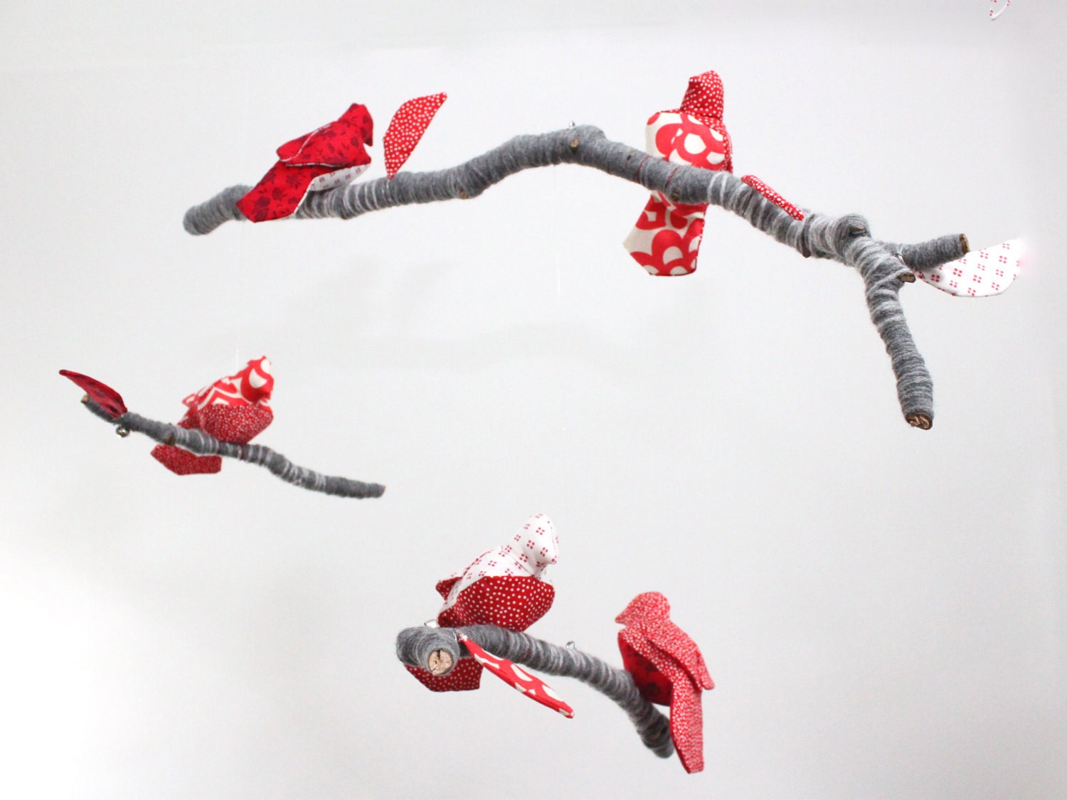 Bird Mobile - Baby Nursery Decor - fabric sculpture on yarn wrapped branches in snow white, rose red, gray, black, and coral pink - BabyJivesCo