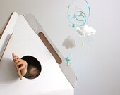 Starry Night mobile in aqua, white, and neon green - fabric sculpture decoration for baby nursery