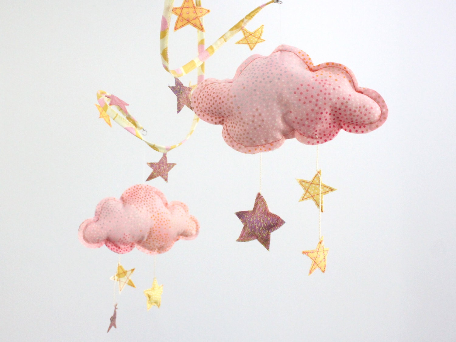 Starry Night Cloud Mobile - Nursery Decoration in peach, yellow and gold fabric