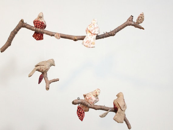 Modern Bird Mobile - 5 little birds told me - fabric sculpture on yarn wrapped branches in honeysuckle, rose, carmel, coffee brown, cream