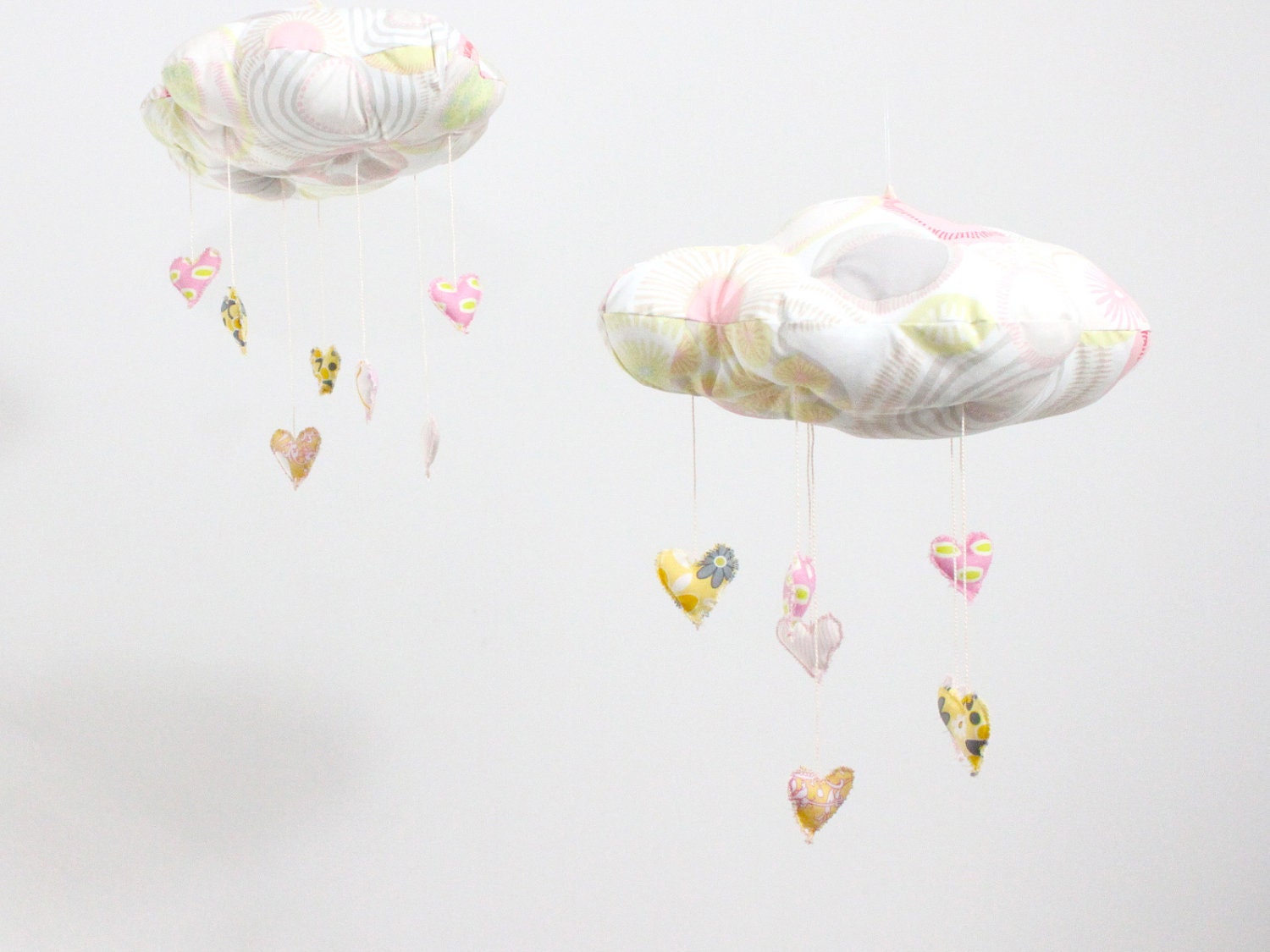 My Sweet Heart Cloud Mobile - LAST ONE in limited edition fabric sculpture decoration for nursery in pink, grey,white and lemon yellow