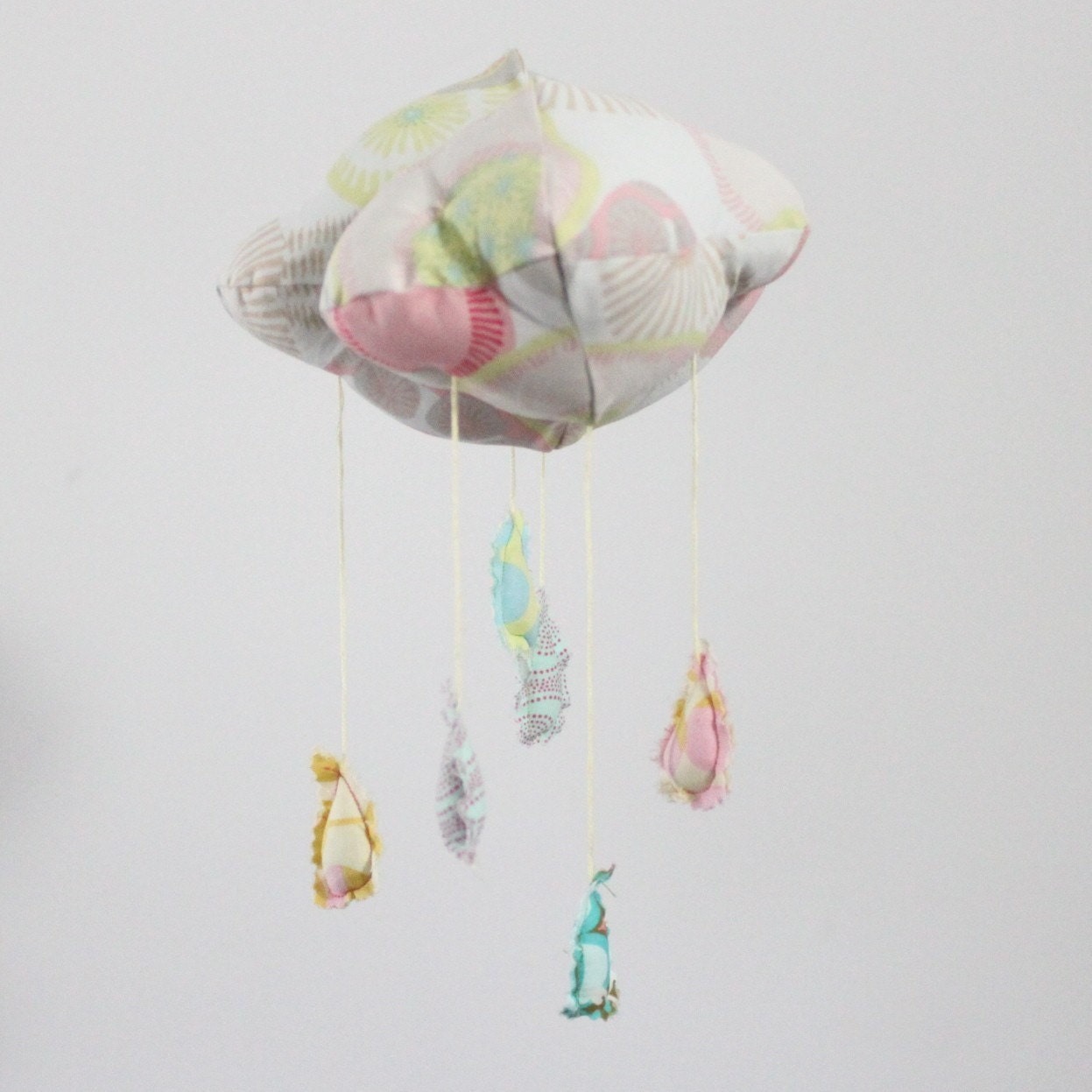 Petite Fabric Cloud Mobile - "Raindrops keep falling on my head" in snowy white, sunny yellow, pale candy pink and gray