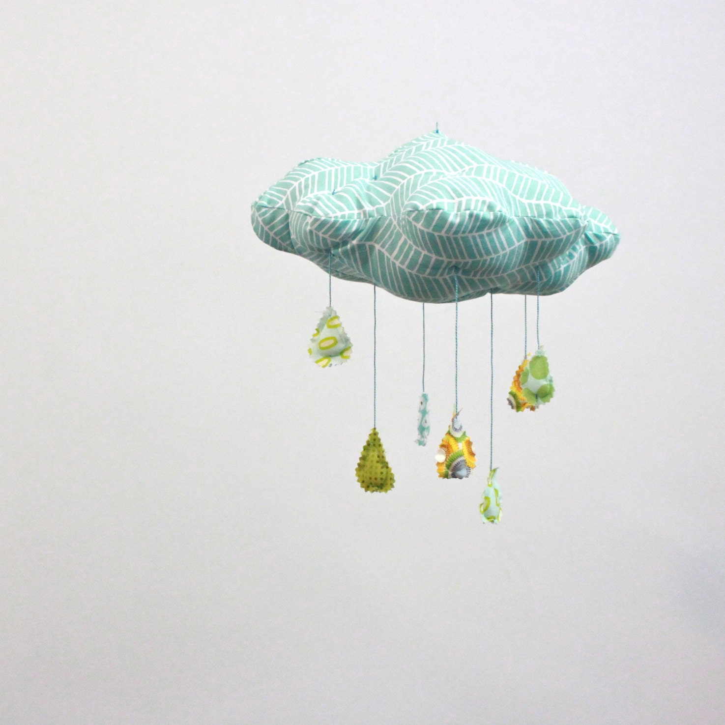 Chevron Rain Cloud Mobile - Modern Nursery Decor - in dusk blue, yellow, teal, apple green, and white fabric