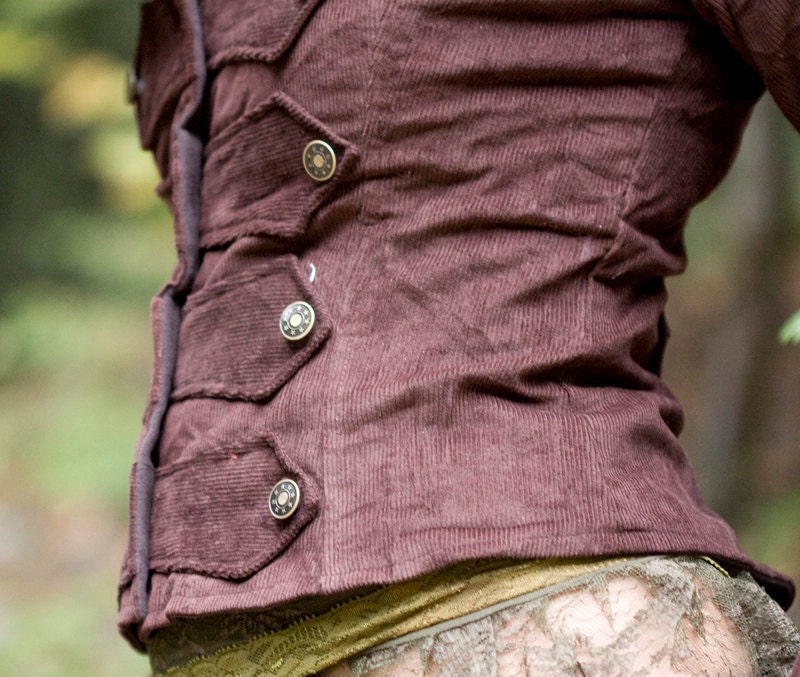 BROWN AURORA JACKET - Steampunk Hoodie - Tribal faery pixie Boho Spring - Corduroy and Fleece - Medium