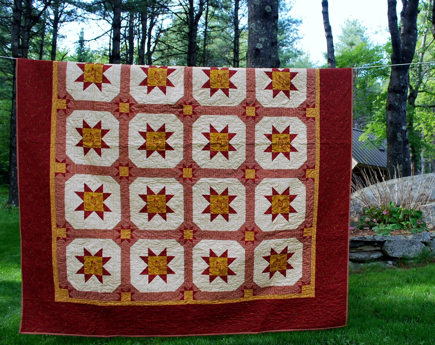 Twin Quilt in Warm  Colors of Rich Rusty  Reds and Golds 85" X 70"