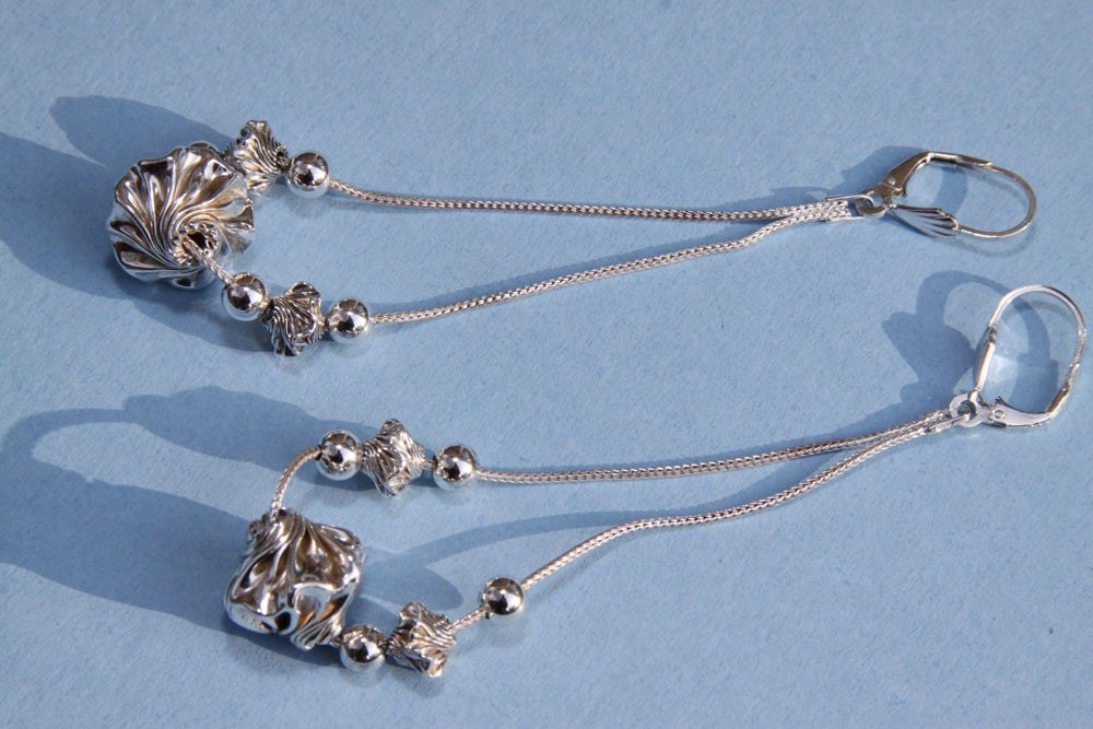 Sterling Silver Dangle Earrings ,   Garlic Twist Beads  4" L    Modern Look