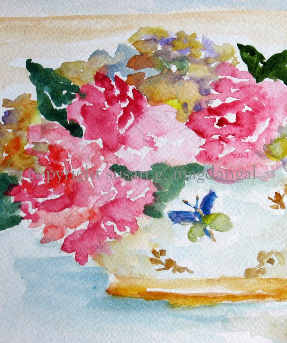 Bowl of Flowers Watercolor, Print from Original Watercolor, 8x10