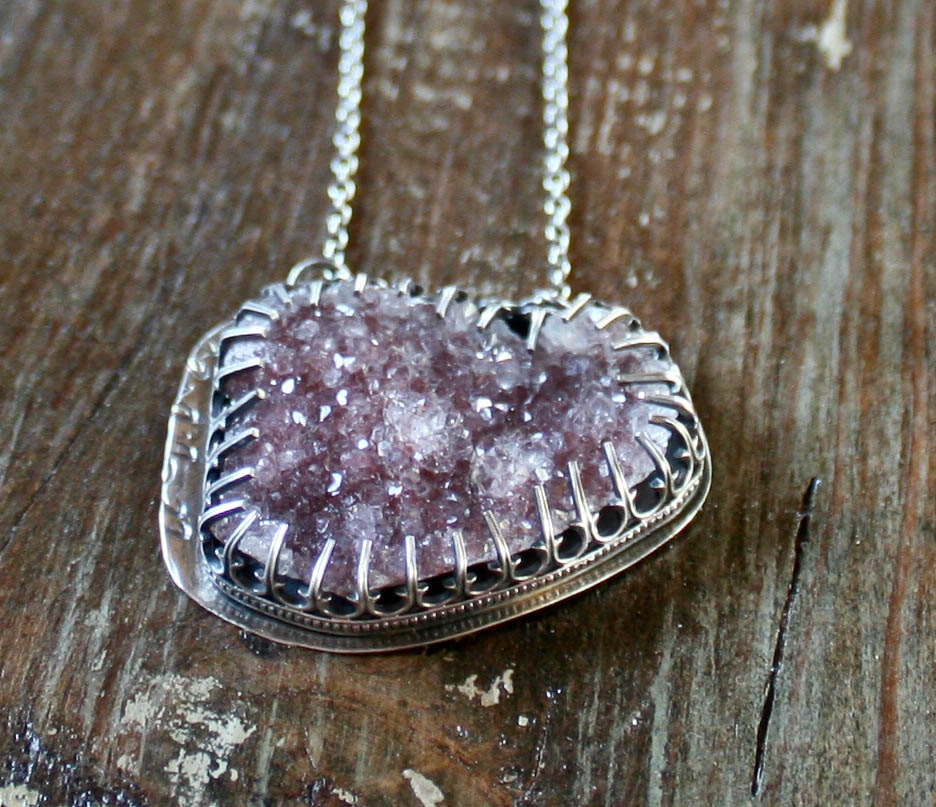 Rose Druzy Necklace on Oxidized Sterling Silver