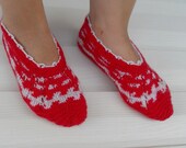 Hand Knitted Home Slippers - Red And White- Traditional Turkish Design,Ruby, Burgundy,Red Blood Winter Fashion