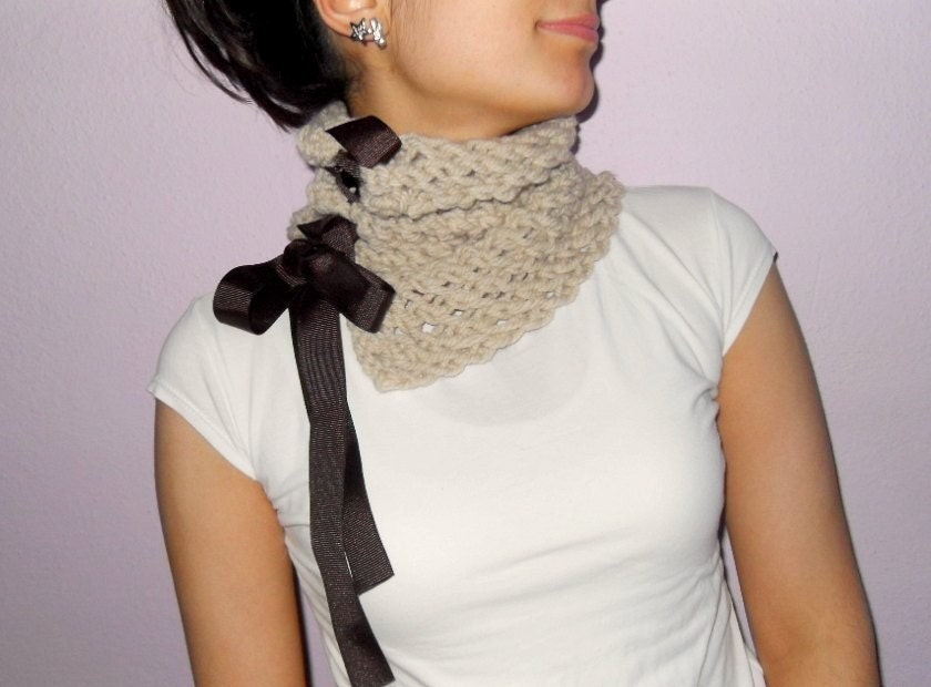 Winter Fashion- Beige Neckwarmer With Brown Bow Ribbon-Gift For Her-TeamT Mocha