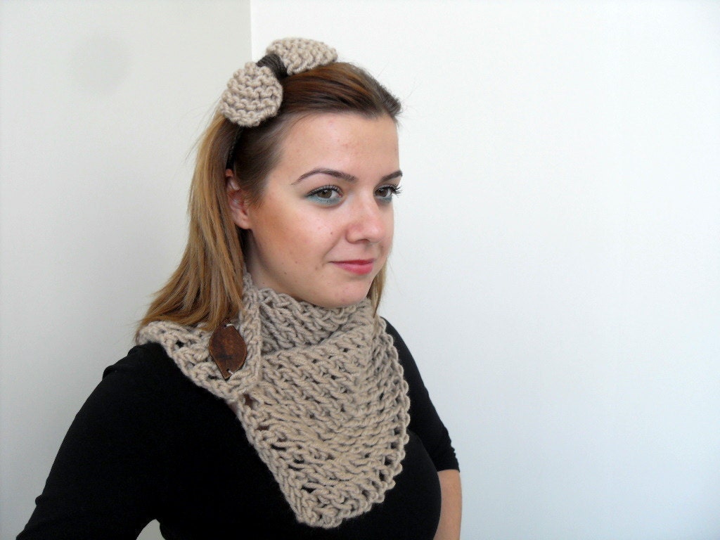 Beige Neckwarmer With Bow Headband Rustic Gift Eart Tones Light Brown Earthy Woodland Christmas Gift Wood Button TeamT