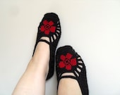 Winter Fashion Red Rose Home Slippers Black and Red Blood- Hand Embroidered Shoes-Burgundy Garnet Traditional Turkish Design TeamT - SmilingKnitting