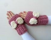 Winter Fashion-Hand Knit Fingerless Pink Rose Gloves Valentines Day Gift Cream Bow TeamT