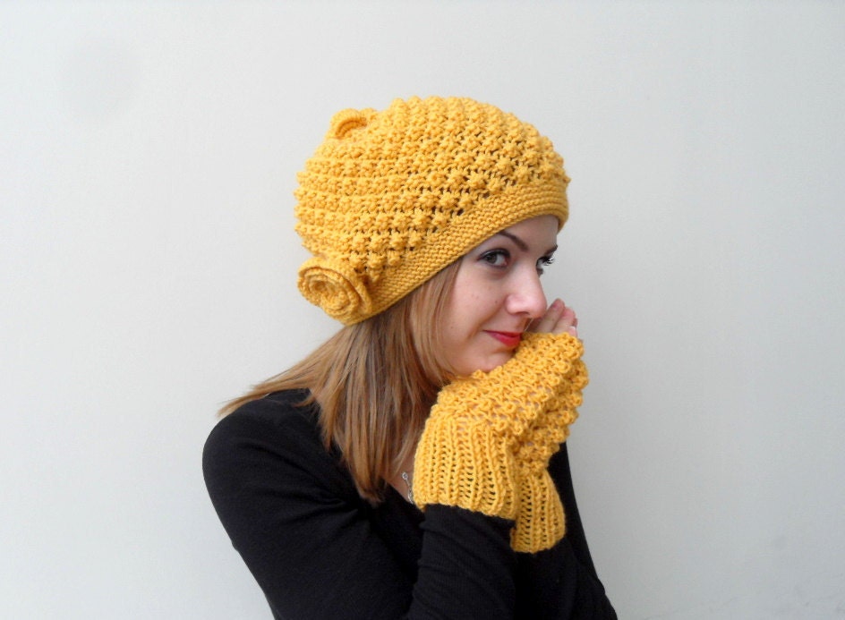 Hand Knitted Hat Mustard Hat Yellow Slouchy Hat Ribbed Chunky Hat,Bubble Hat,Beanie,Sunny Beret Winter Accessory