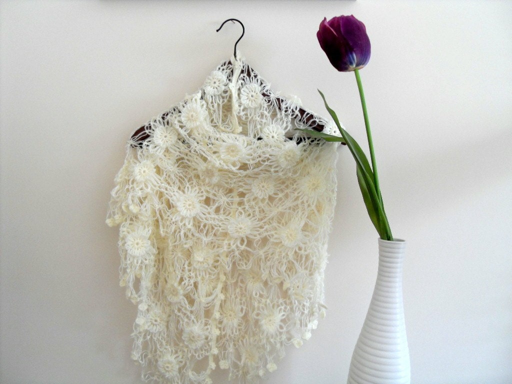 Bridal Shawl-Hand Knitted Ivory Romantic Shawl With Cheerful Flowers And Sym-Valentine's day Day Tulip TeamT