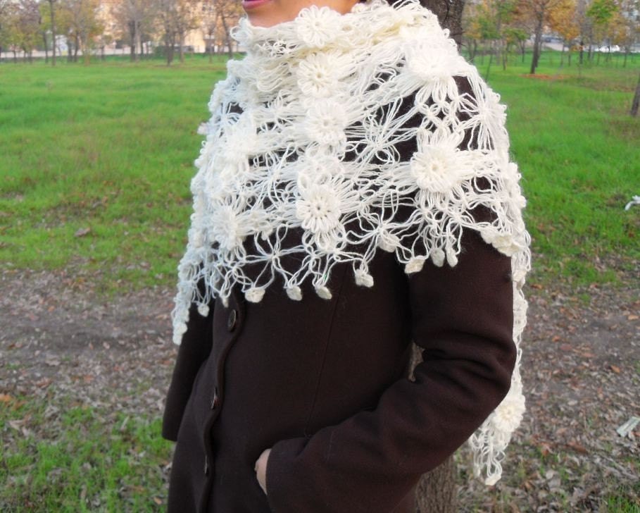 Bridal Shawl-Hand Knitted Ivory Romantic Shawl With Cheerful Flowers And Sym-Valentine's day Day Tulip TeamT