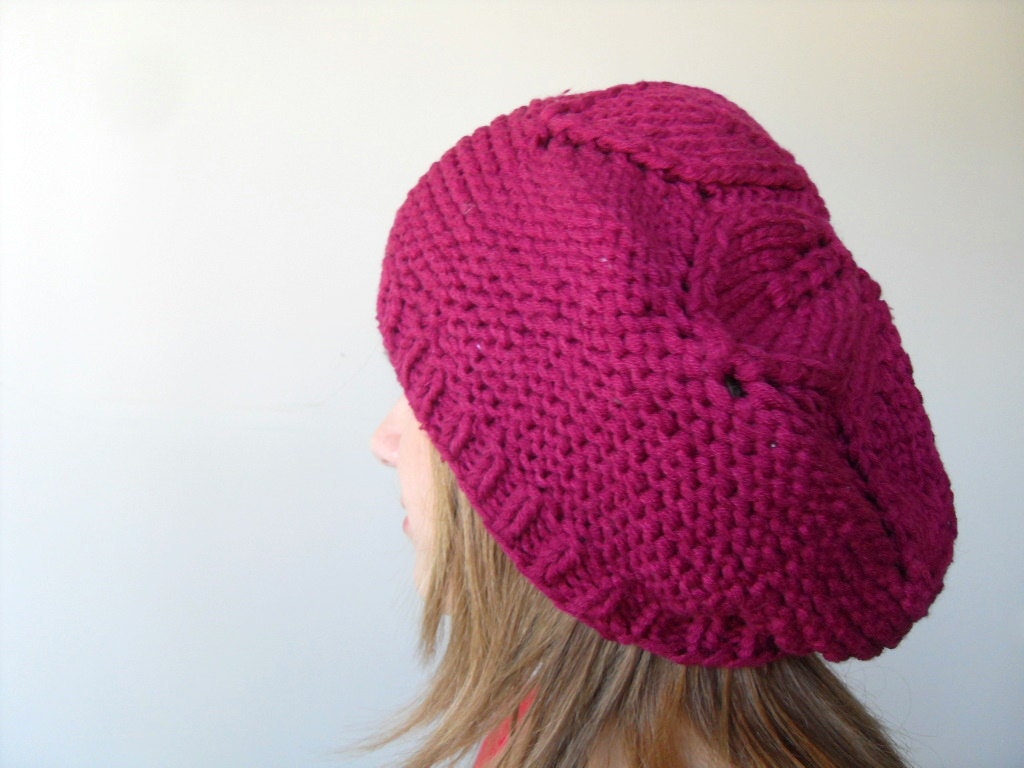Hand Knitted Hat Raspberry Cherry Slouchy Ribbed Chunky Cute Hat,Beanie,Mesh Beret, Spring Fashion Fuchsia Red Winter Accessory TeamT