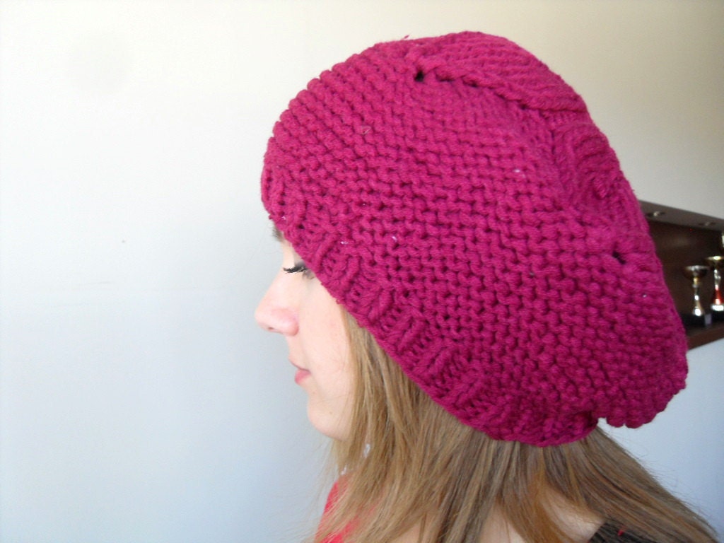 Hand Knitted Hat Raspberry Cherry Slouchy Ribbed Chunky Cute Hat,Beanie,Mesh Beret, Spring Fashion Fuchsia Red Winter Accessory TeamT