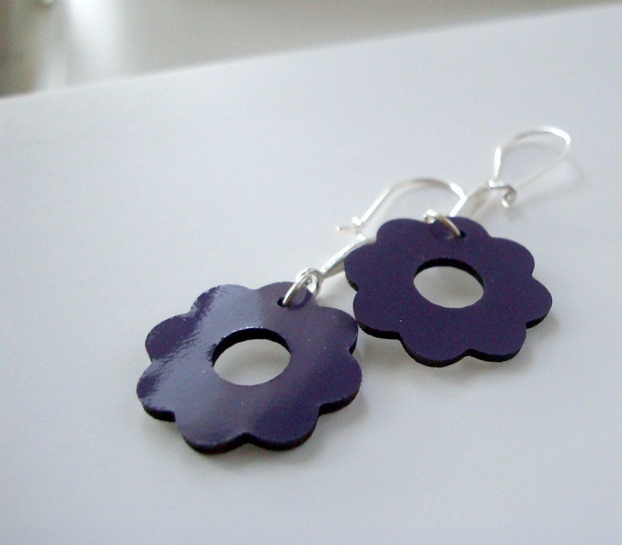 Silver Leather Earrings With Purple Patent Leather Flowers