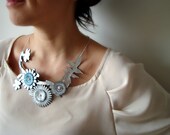 Leather Spring Branch Necklace with Blue and Silver Flowers