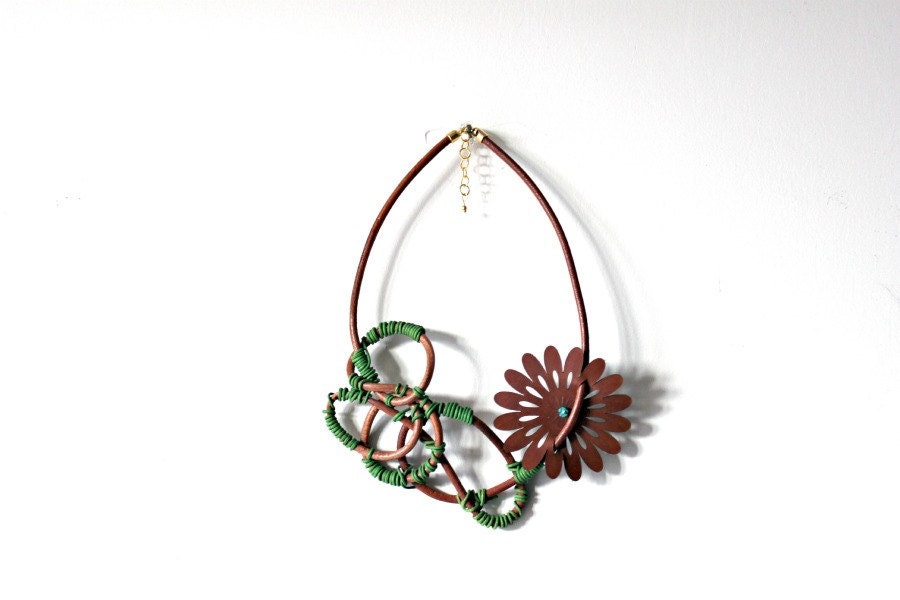 Asymmetric Brown Leather Necklace with a Single Flower