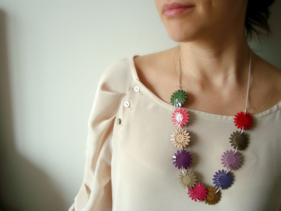 Summer Necklace with Colorful Patent Leather Flowers