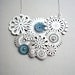 White Leather Spring Blossom Necklace With Tiny Blue Flowers