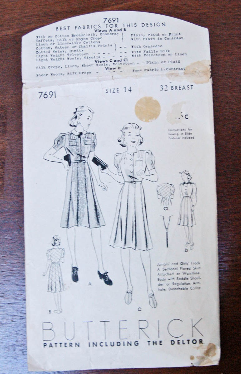 Vintage Butterick Dress Pattern 7691 1930s 1940s
