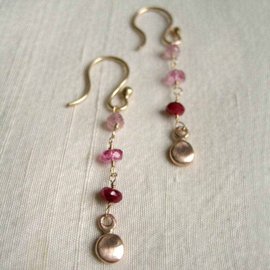 Pink Tourmaline and Ruby Solid 14k Rose Gold Disc Dangle Earrings