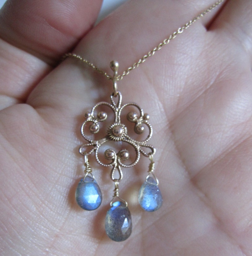 Solid 14k Rose Gold Filigree and Labradorite Necklace