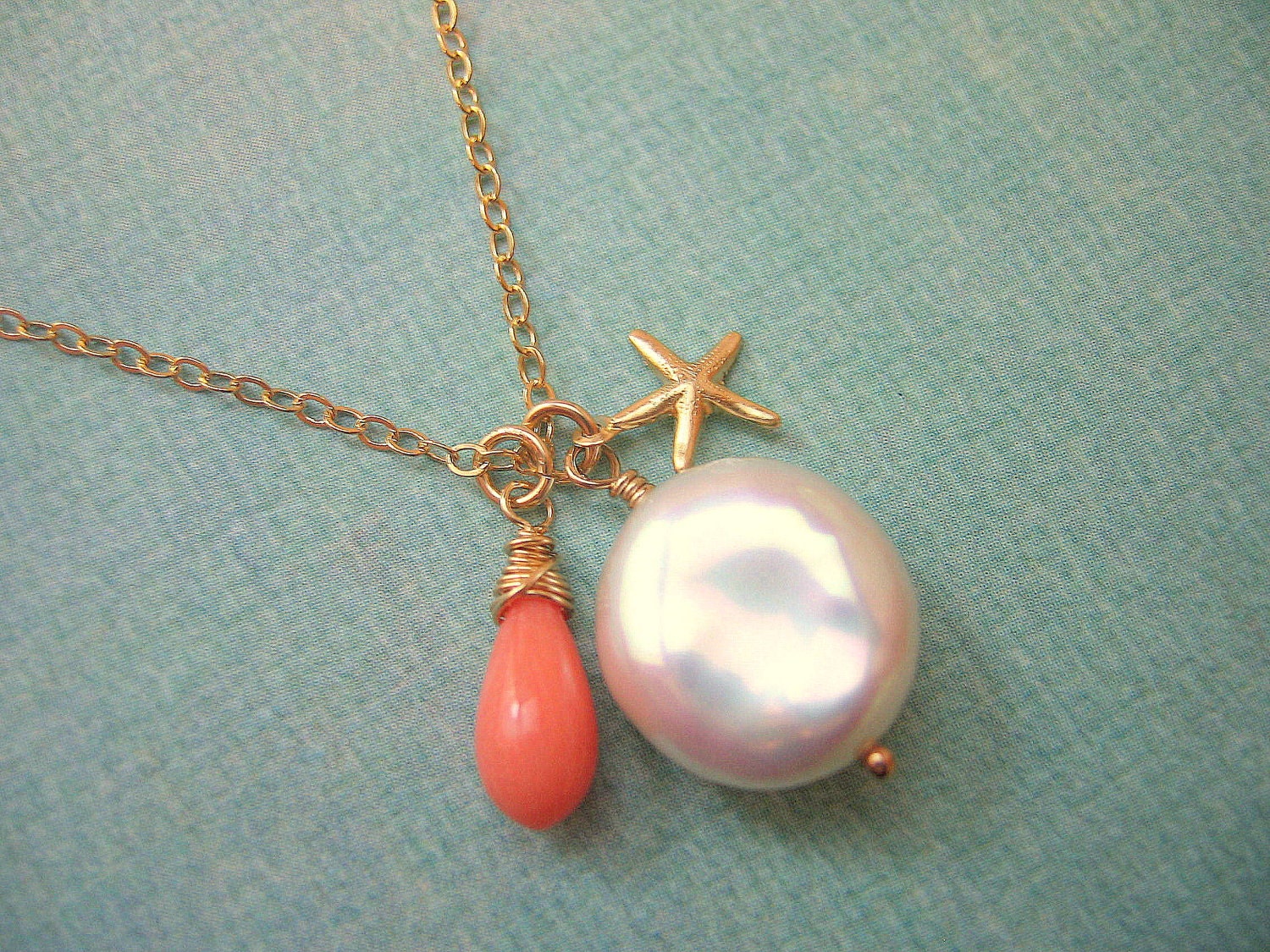 Peach Coral and Coin Pearl Necklace with Starfish, Beach Necklace