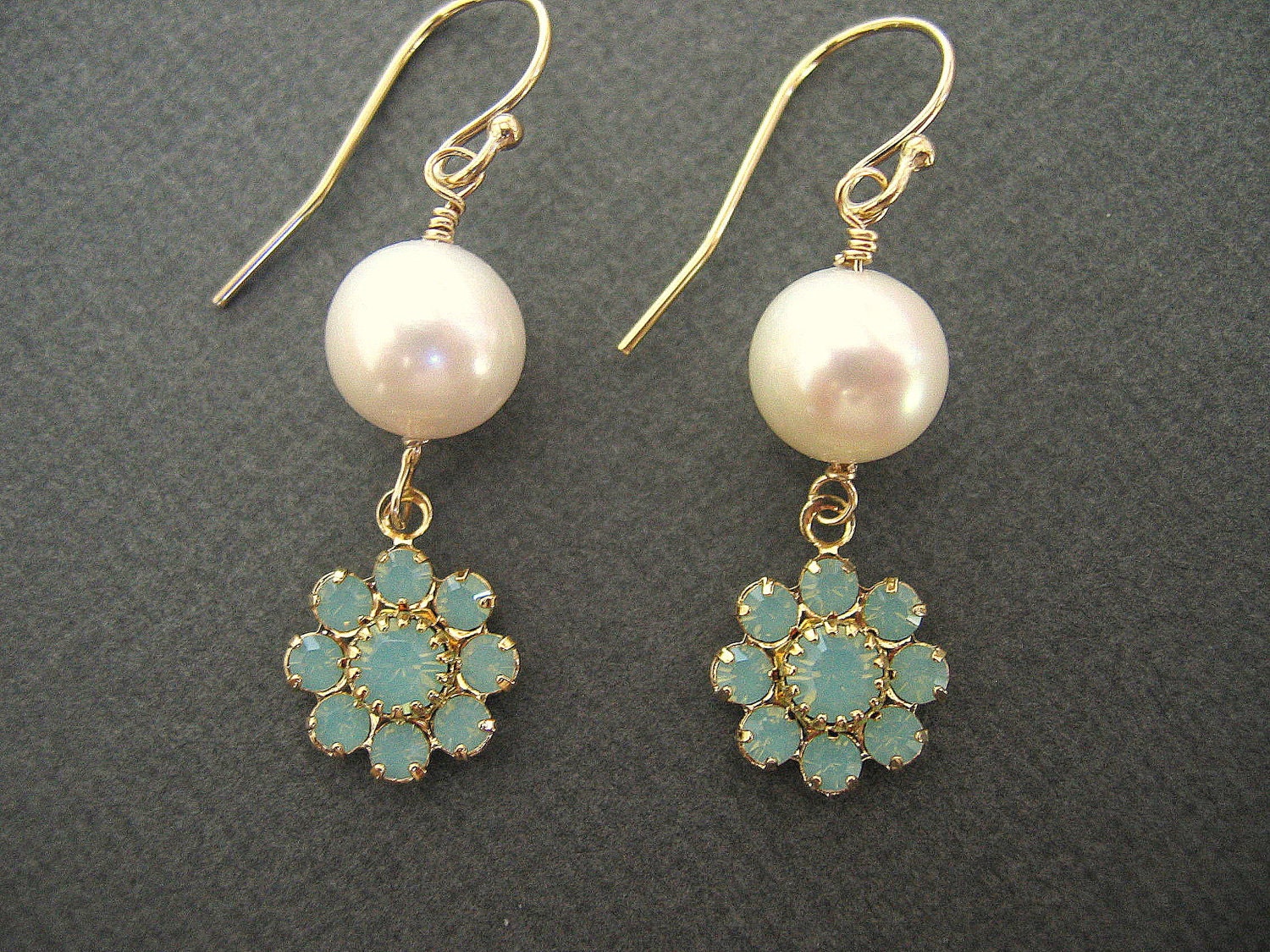 Aqua Flower and Pearl Earrings, Bridesmaids Earrings