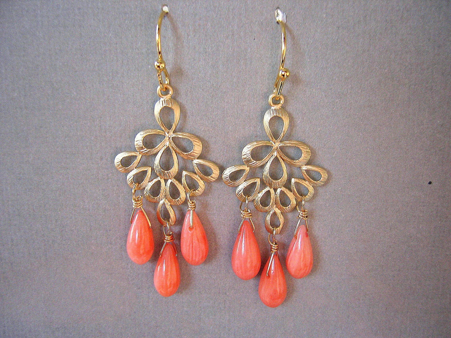Coral and Gold Peacock Chandelier Earrings, mother's day jewelry, Bridesmaid Gift