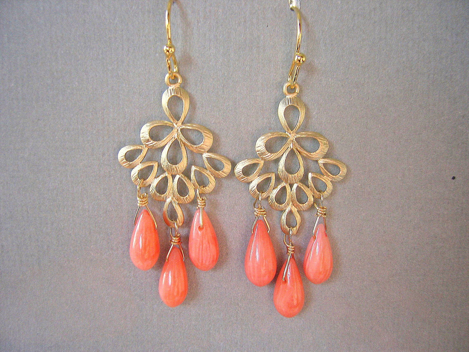 Coral and Gold Peacock Chandelier Earrings, mother's day jewelry, Bridesmaid Gift