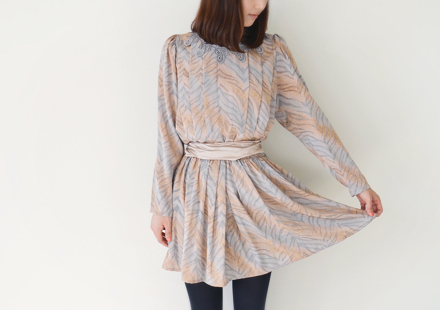 Vintage grey and orange long sleeve dress with crochet collar.