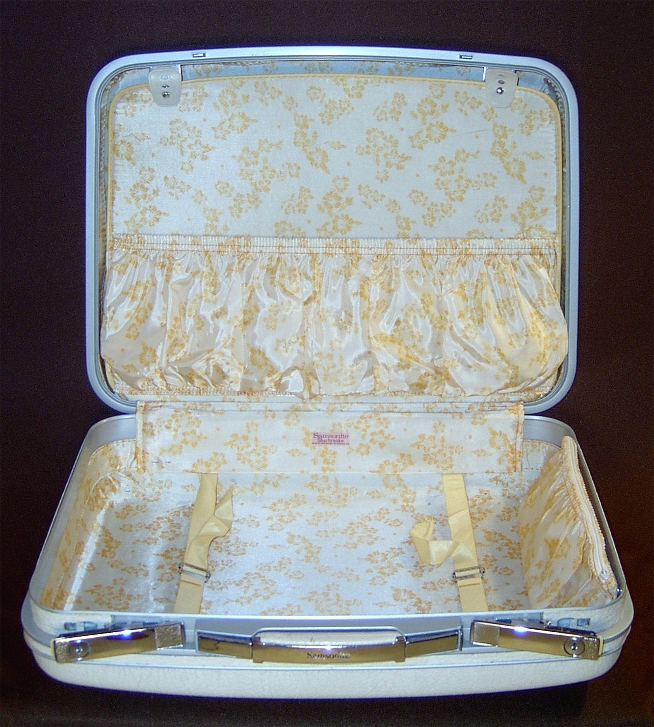 Vintage white suitcase Samsonite carry on with yellow floral lining and key