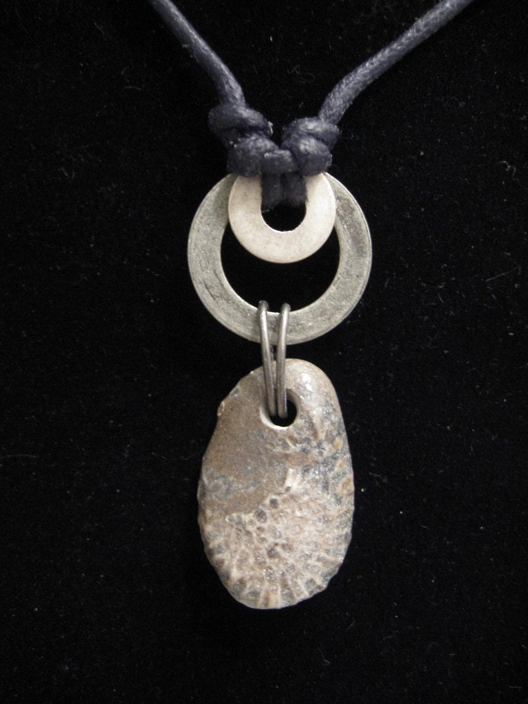 urban artifact necklace - Lake Michigan favosite coral fossil stone, pewter washer, shiny washer