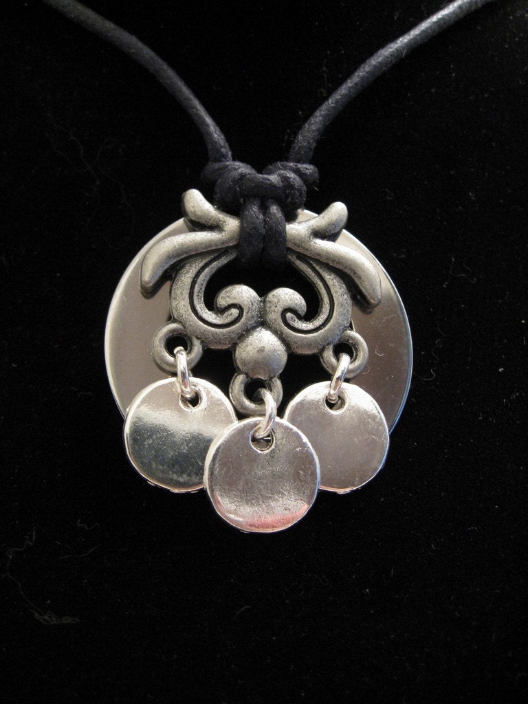 urban artifact necklace - mirror finished steel washer, three silver discs, pewter jewelry component