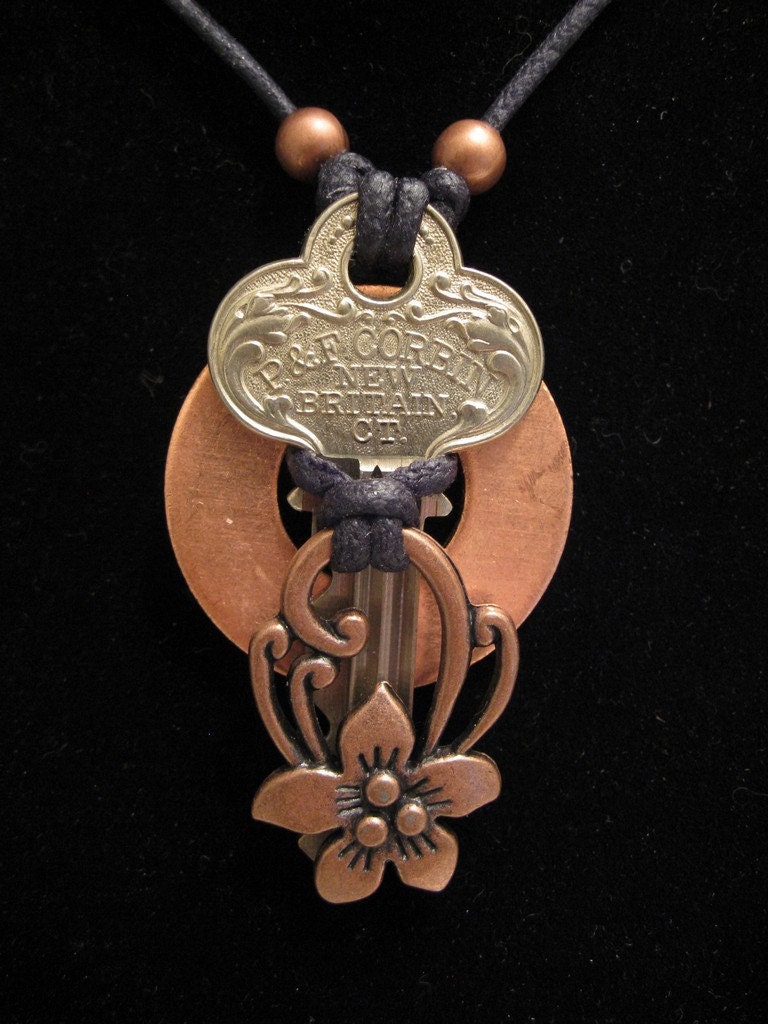 urban artifact necklace - vintage key, copper washer, copper floral jewelry component, copper beads