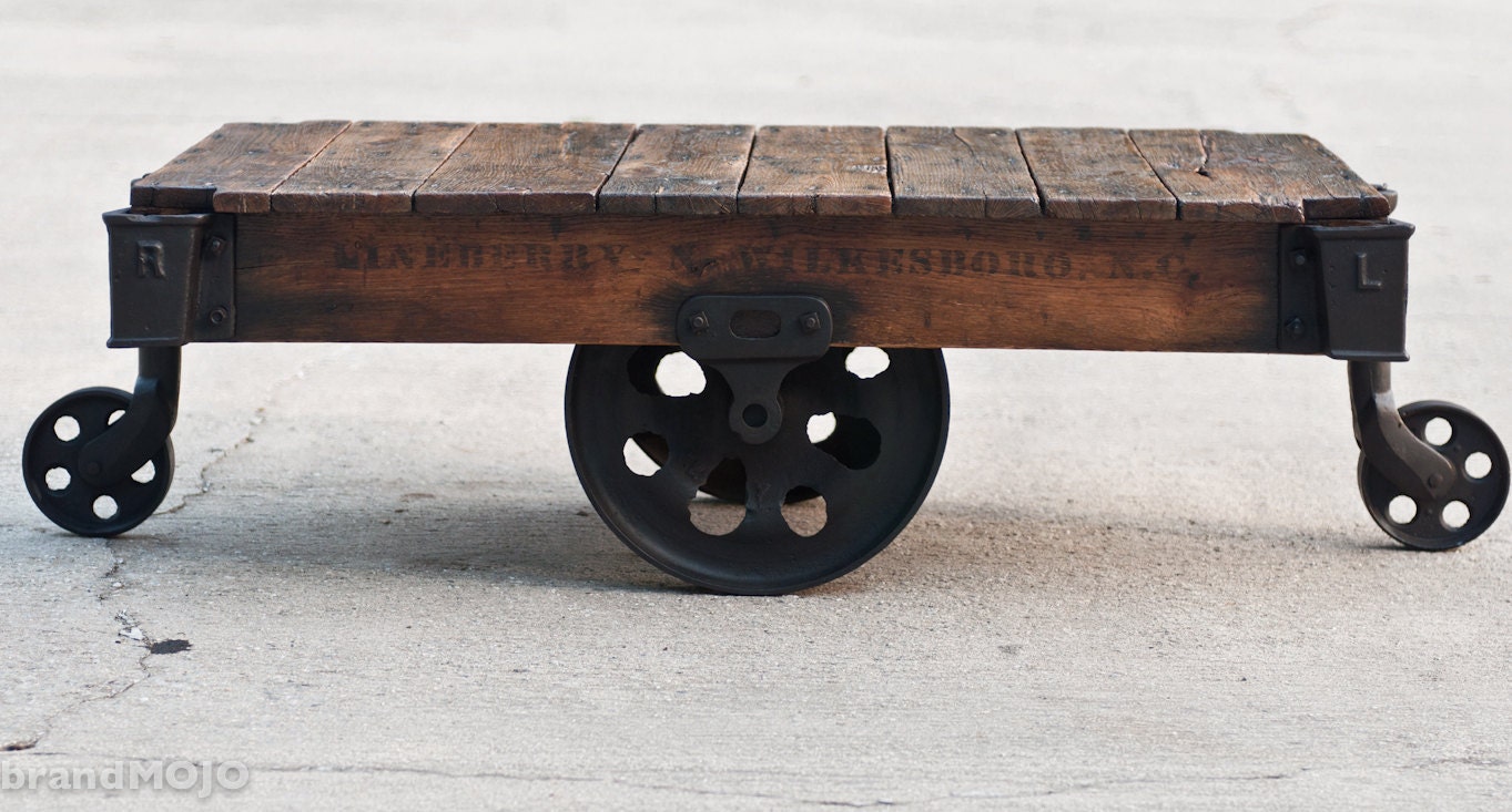 Vintage Industrial Factory Cart Coffee Table - 48L x 27w x 16.5t - very early furniture salvaged repurposed weathered rustic in stock