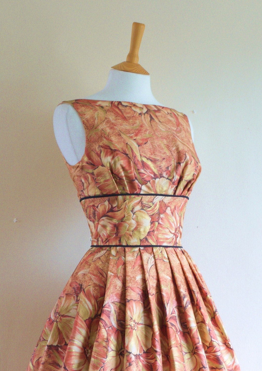 1950s Style Chestnut Brown Rose Print Cotton Prom Dress- Made by Dig For Victory