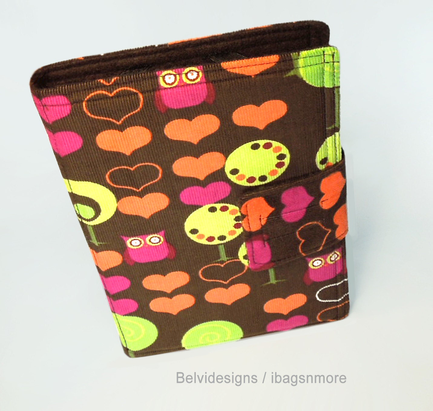 Nexus 7 or Kindle Fire (original) case / cover - Book style - Brown corduroy pink orange hearts owls green trees