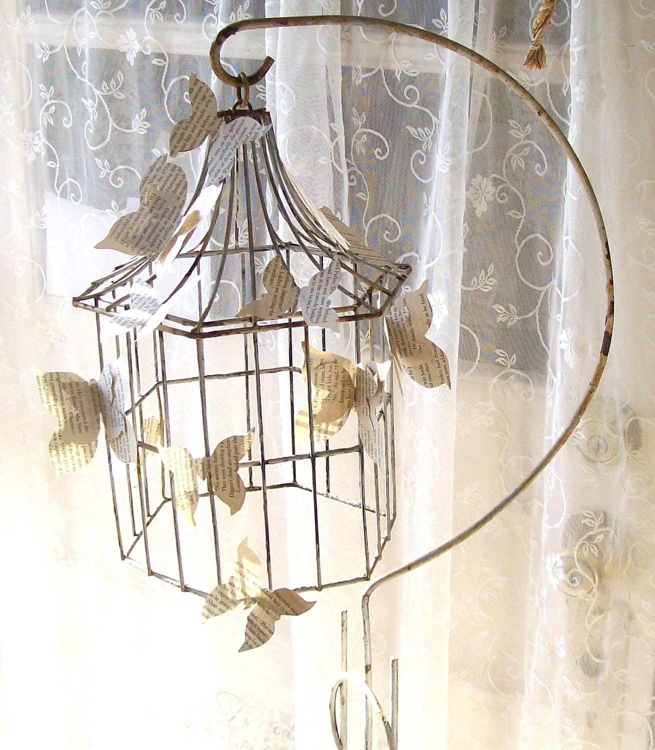 Antique Wrought Iron Bird cage and Stand. Paper Butterflies. Shabby Rusty Ornamental  Romantic Cottage Garden Patio Wedding Accessory SALE