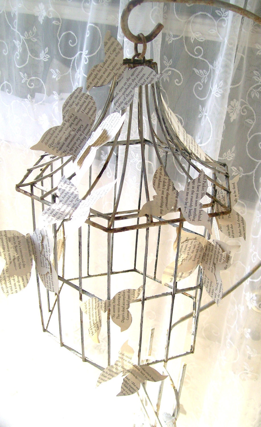 Antique Wrought Iron Bird cage and Stand. Paper Butterflies. Shabby Rusty Ornamental  Romantic Cottage Garden Patio Wedding Accessory SALE